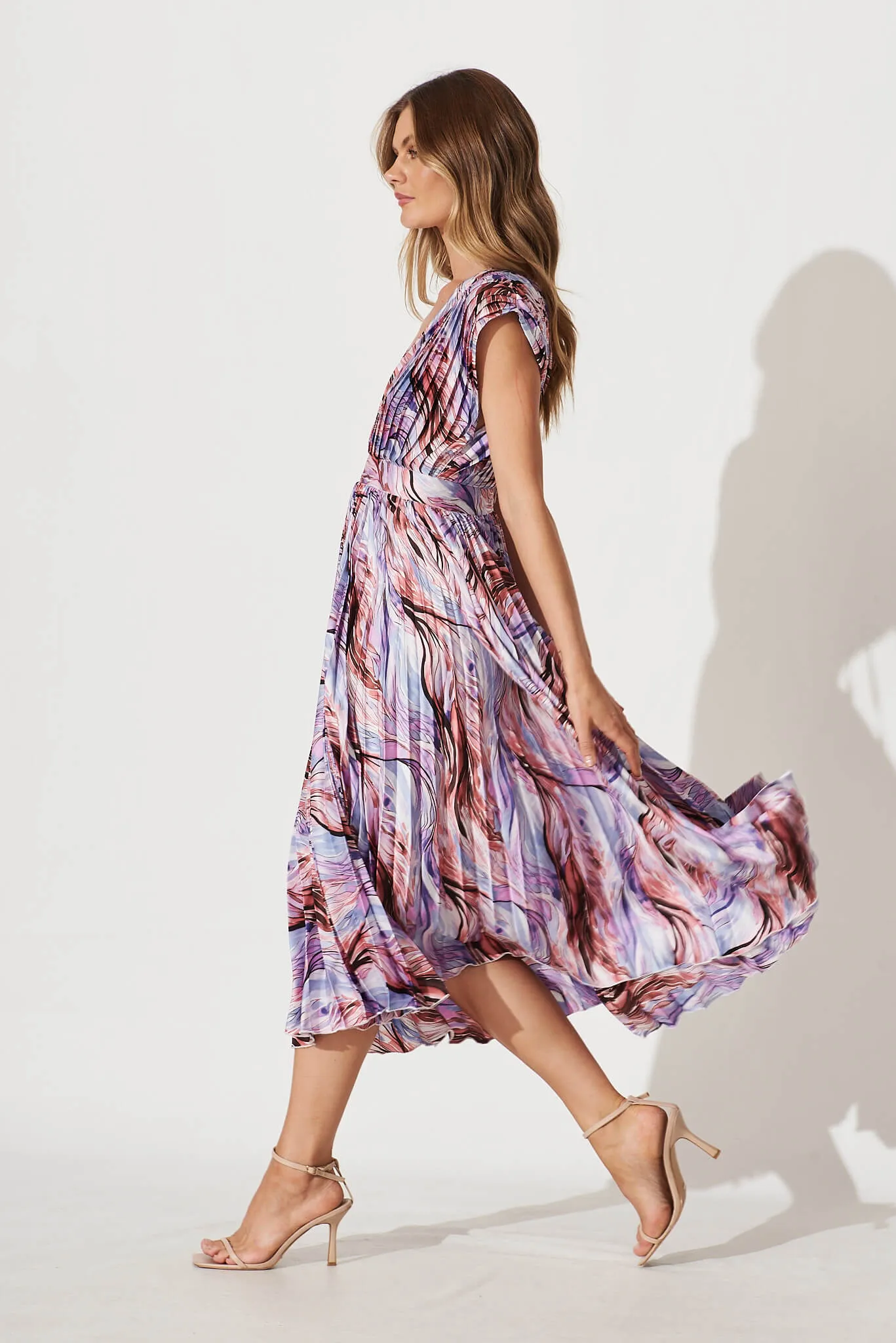Anetta Midi Dress In Rust With Purple Swirl Print Satin