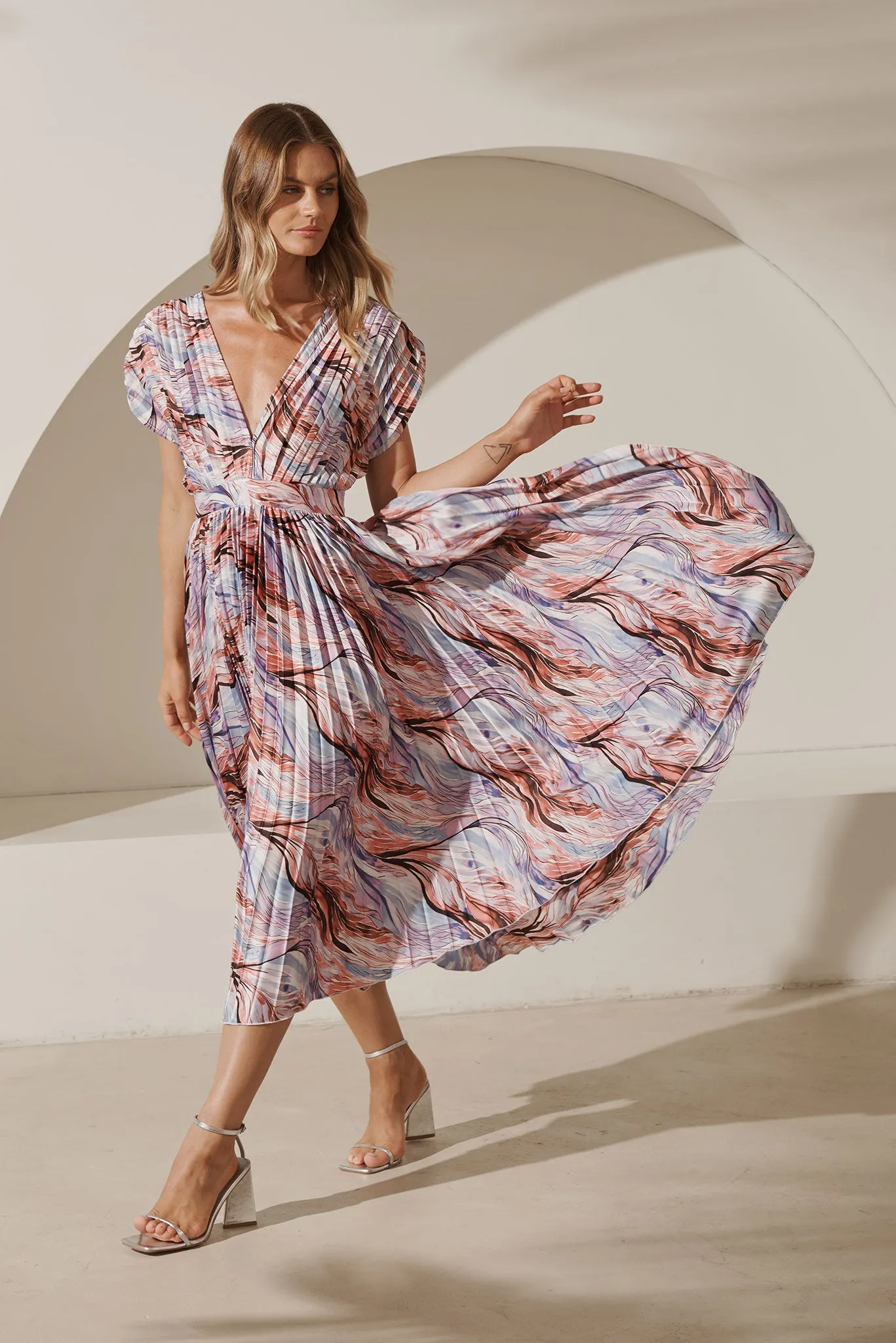 Anetta Midi Dress In Rust With Purple Swirl Print Satin