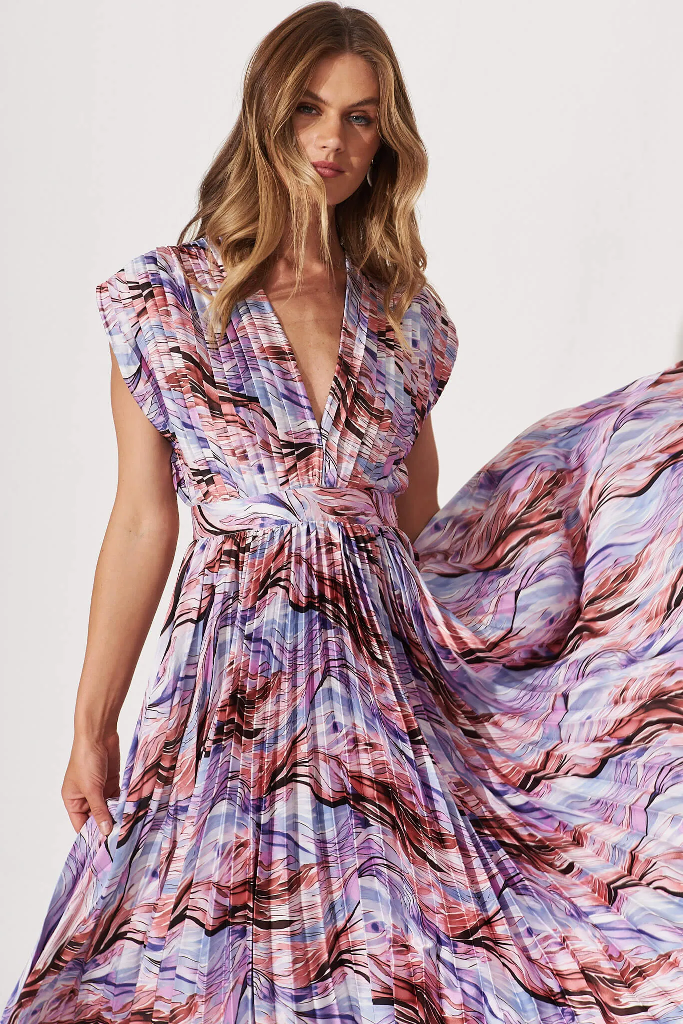 Anetta Midi Dress In Rust With Purple Swirl Print Satin