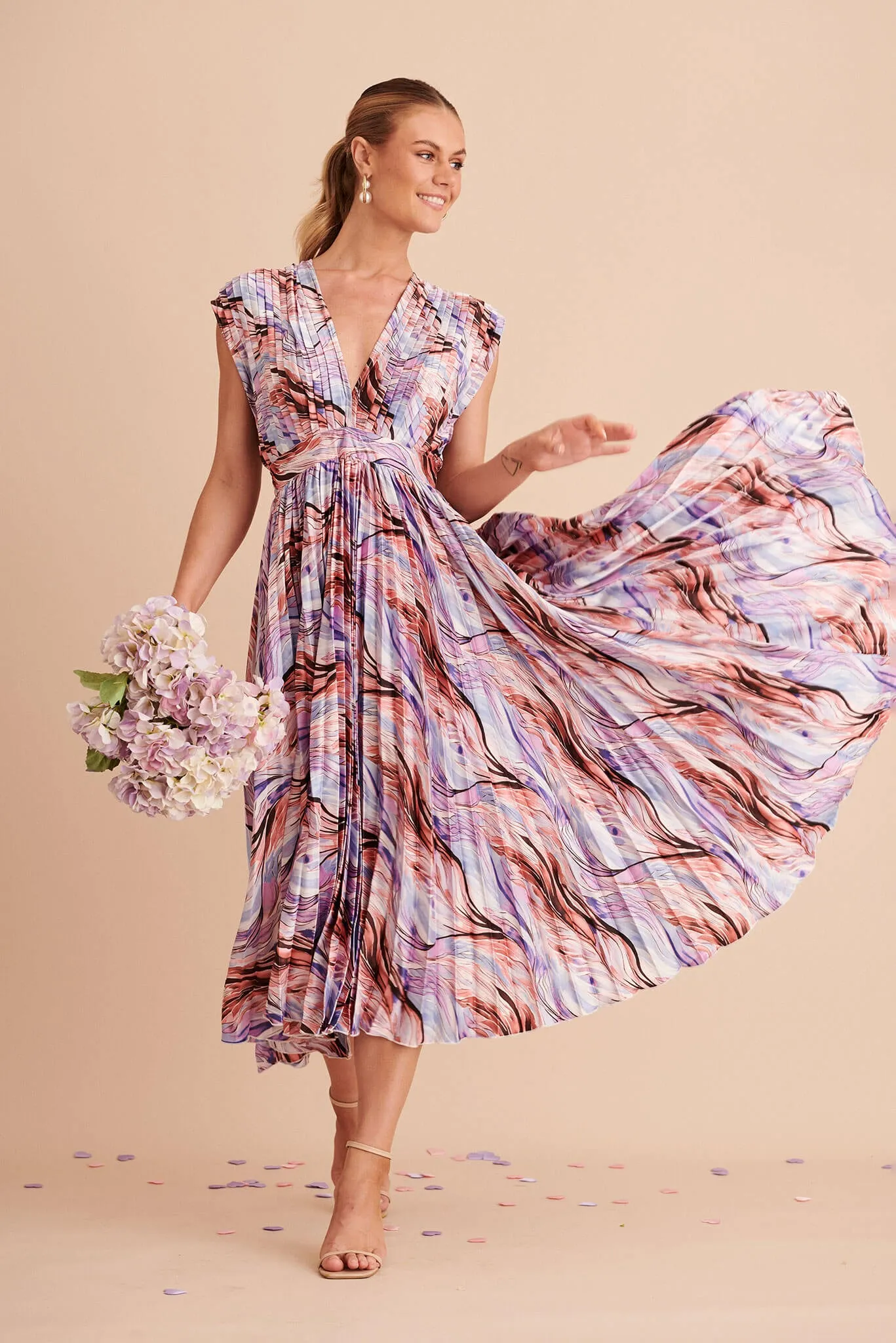 Anetta Midi Dress In Rust With Purple Swirl Print Satin