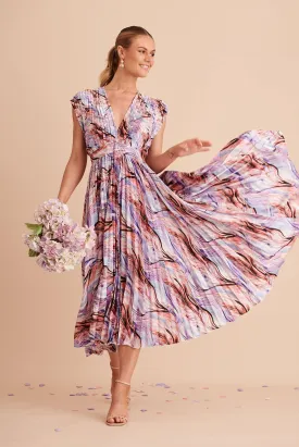 Anetta Midi Dress In Rust With Purple Swirl Print Satin