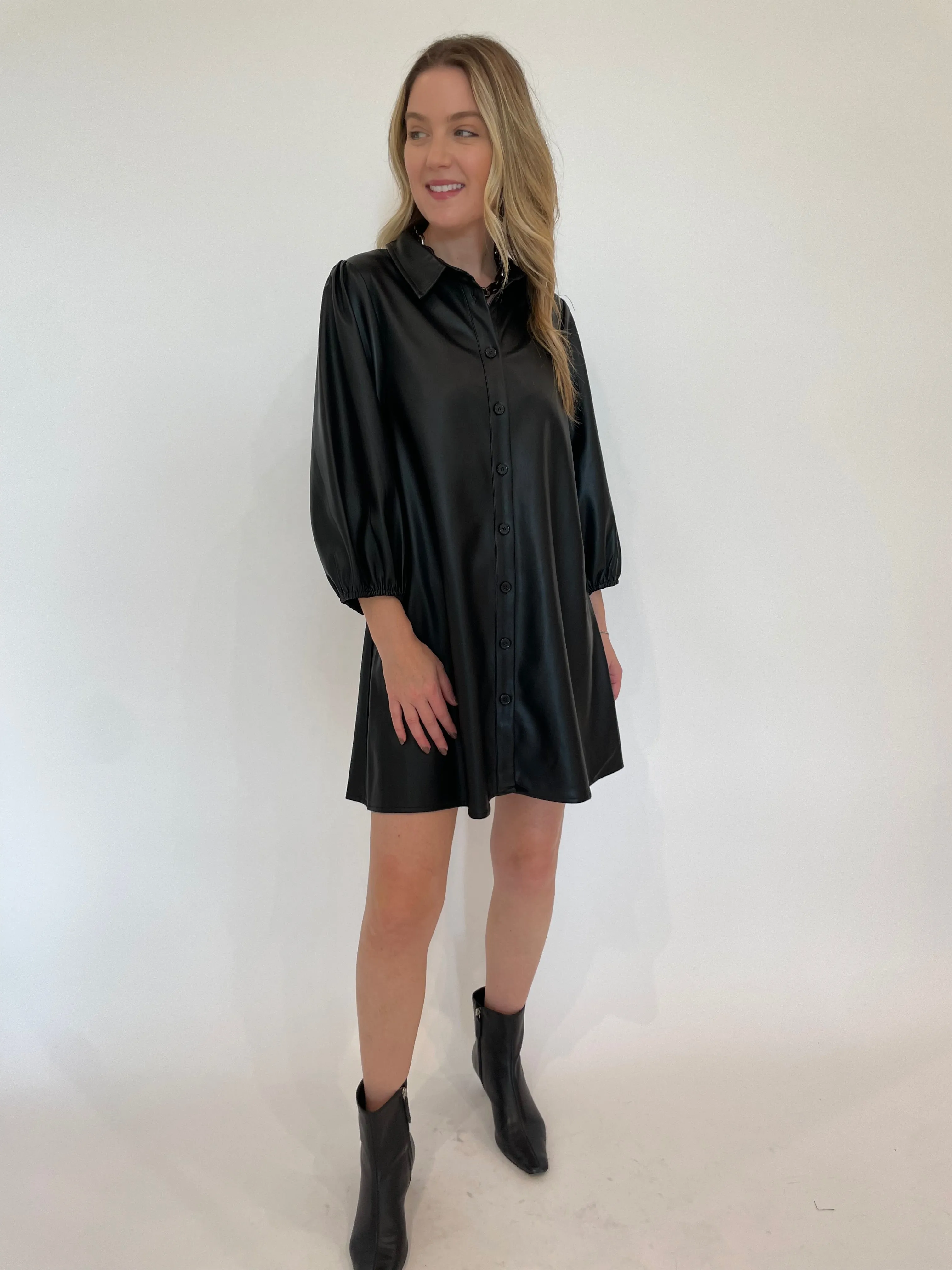 Anya Vegan Leather Shirt Dress - Black