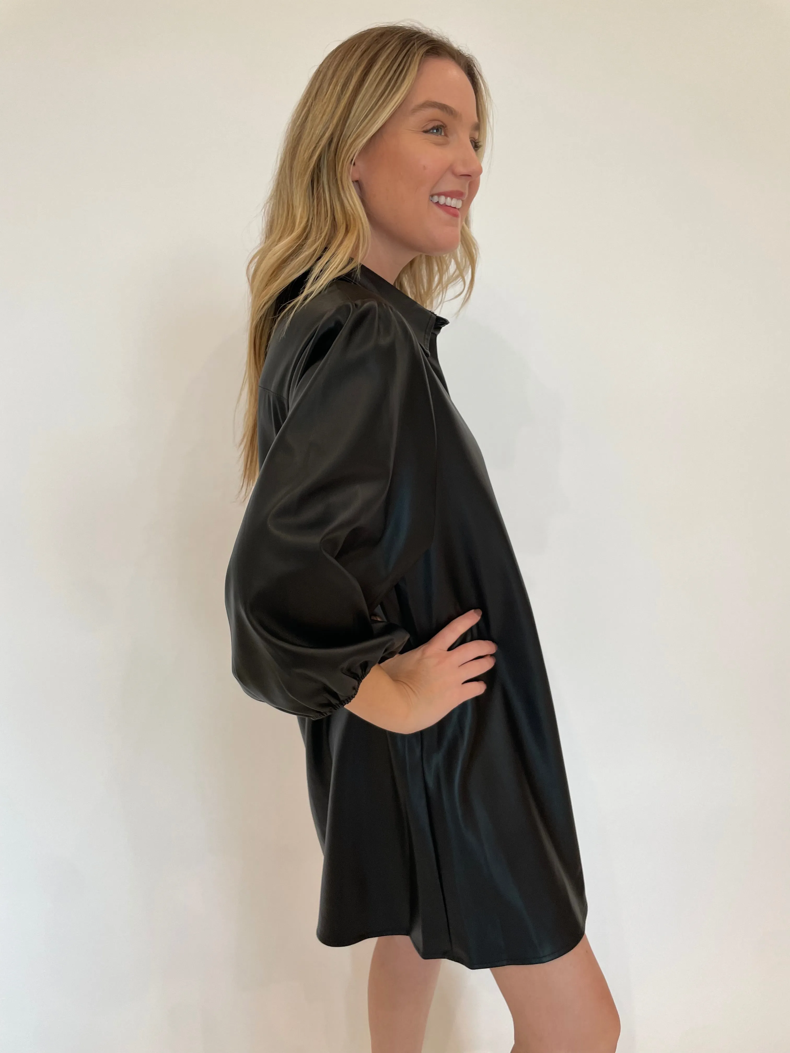 Anya Vegan Leather Shirt Dress - Black