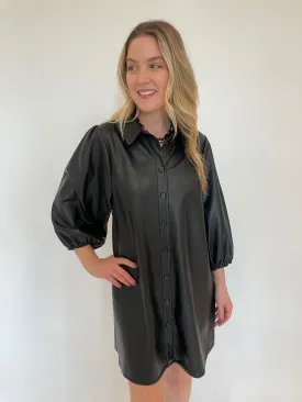 Anya Vegan Leather Shirt Dress - Black