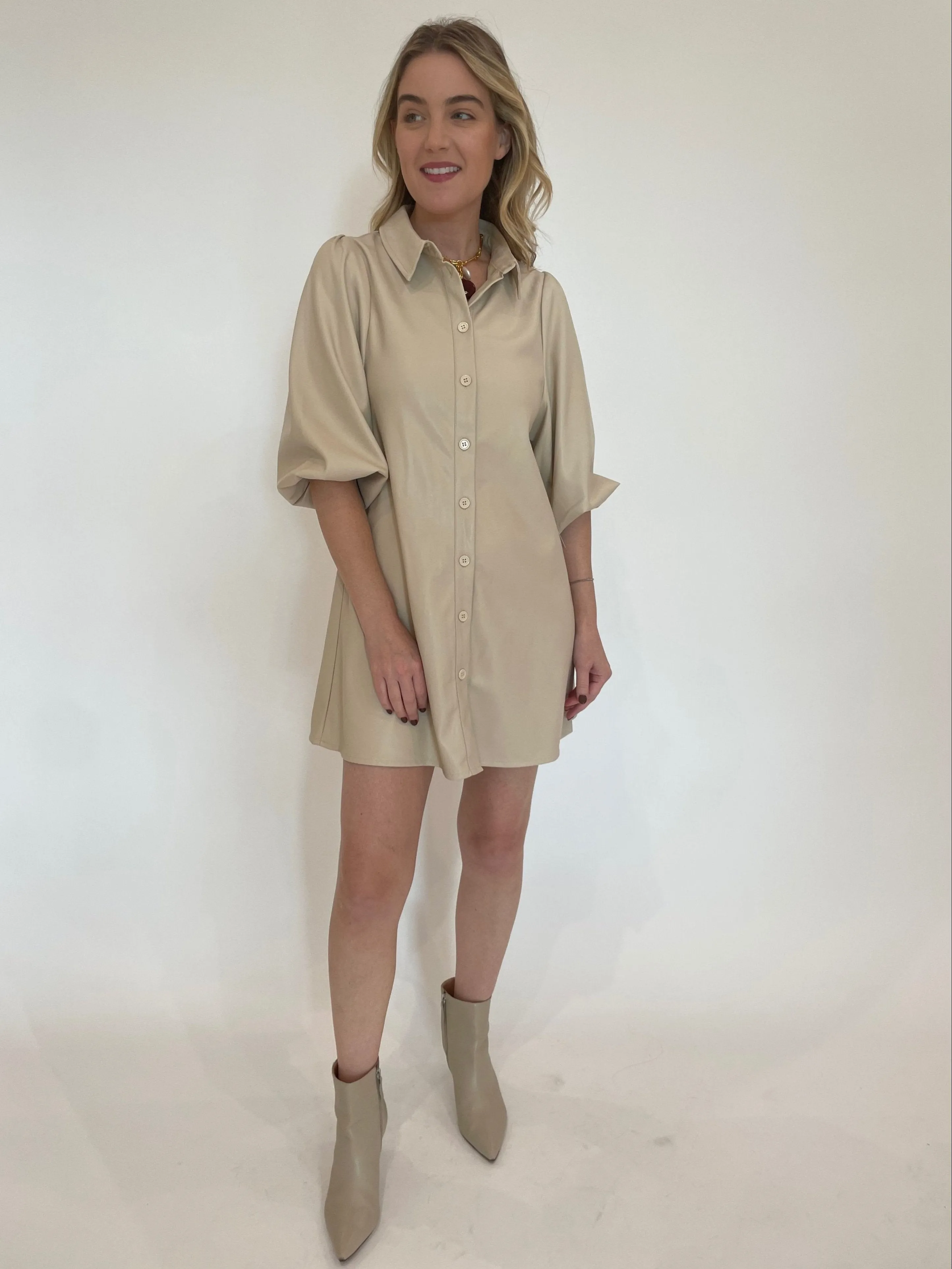 Anya Vegan Leather Shirt Dress - Creme