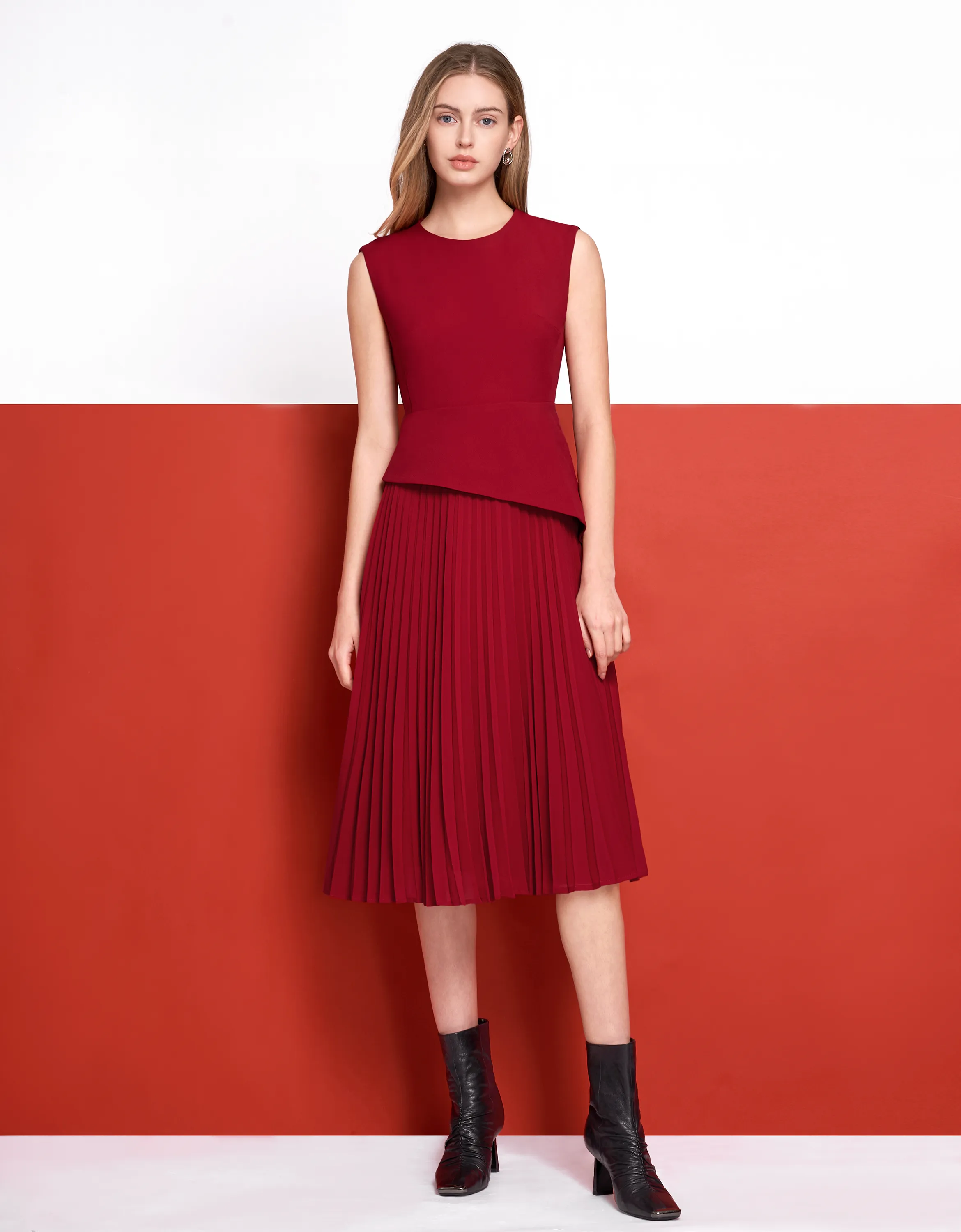 Asymmetric Pleated Midi Dress