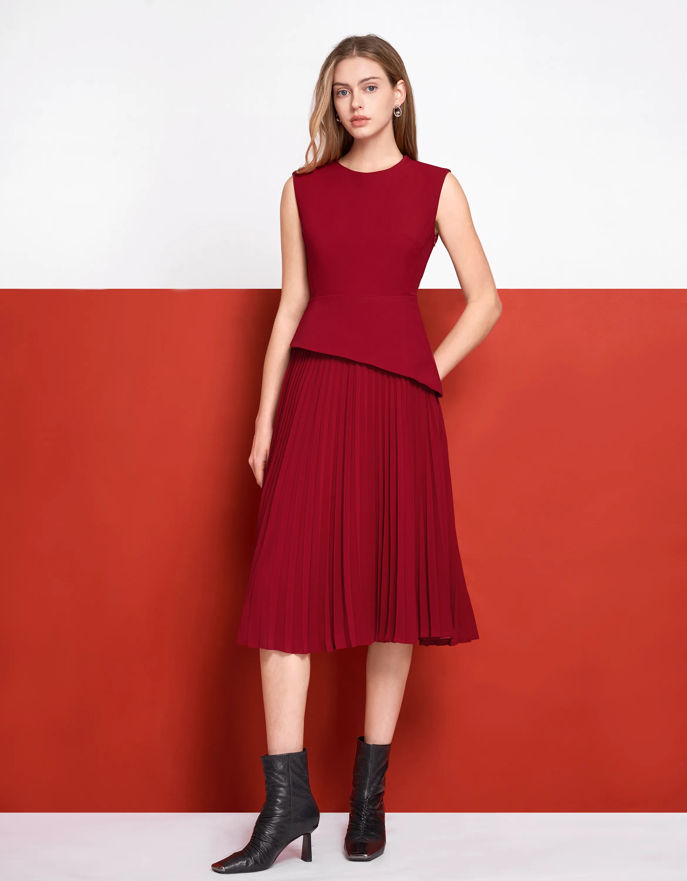 Asymmetric Pleated Midi Dress