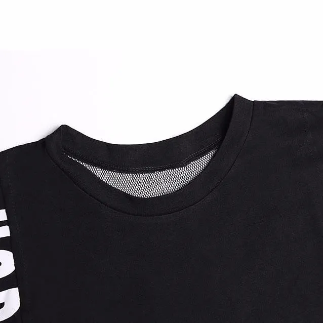 Asymmetrical T-Shirt Dress With Lettering And Mesh Insert