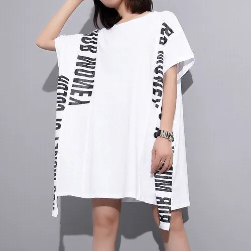 Asymmetrical T-Shirt Dress With Lettering And Mesh Insert