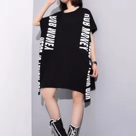 Asymmetrical T-Shirt Dress With Lettering And Mesh Insert