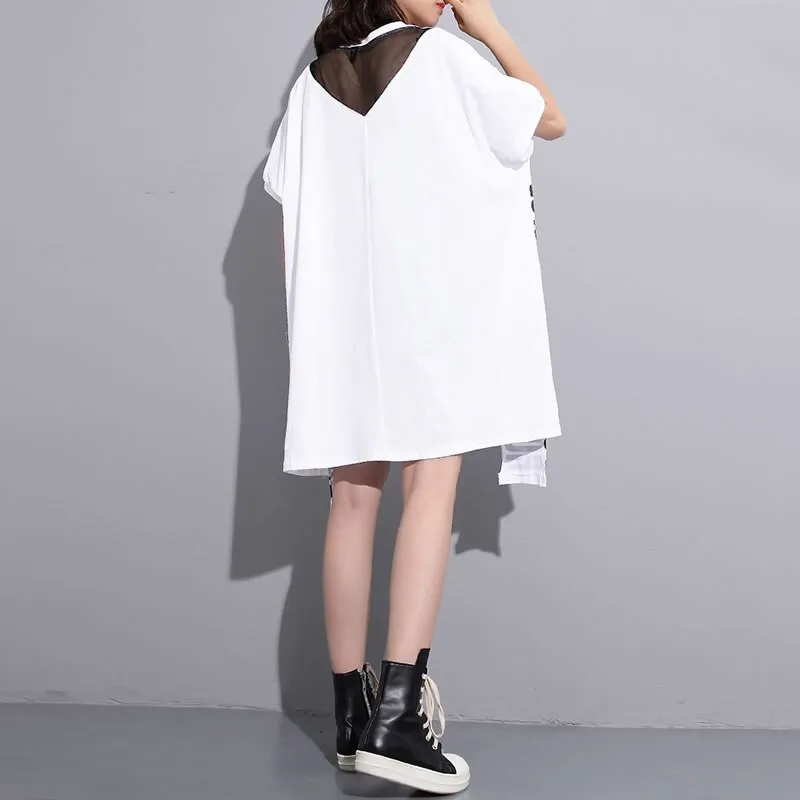 Asymmetrical T-Shirt Dress With Lettering And Mesh Insert