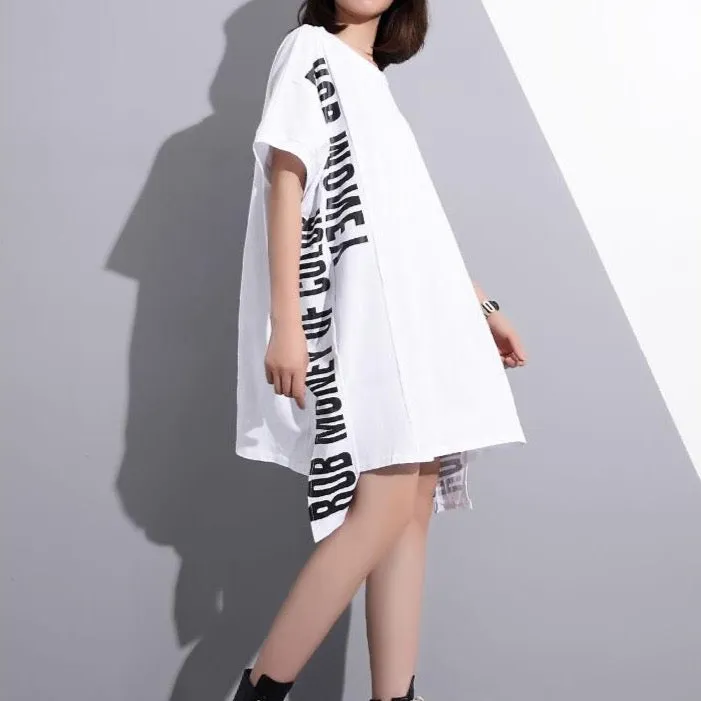 Asymmetrical T-Shirt Dress With Lettering And Mesh Insert