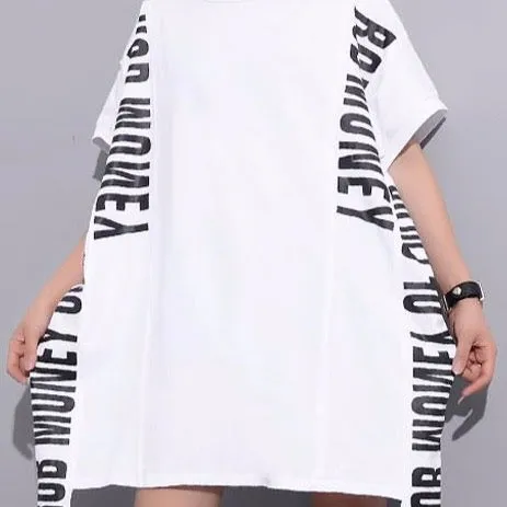 Asymmetrical T-Shirt Dress With Lettering And Mesh Insert