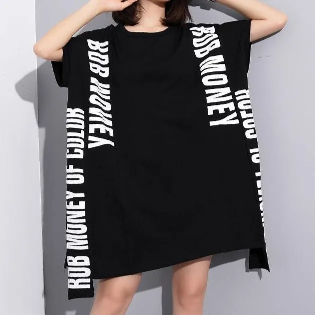 Asymmetrical T-Shirt Dress With Lettering And Mesh Insert