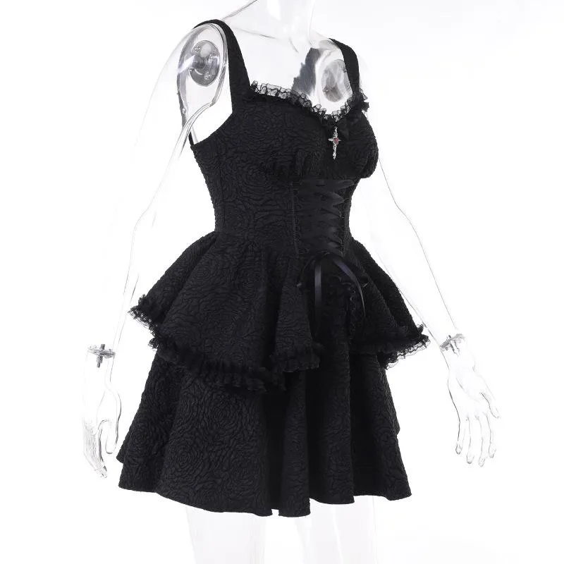 Backless lace up zip-up textured solid lace hem mini dress