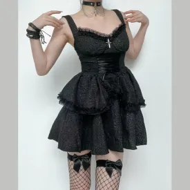 Backless lace up zip-up textured solid lace hem mini dress