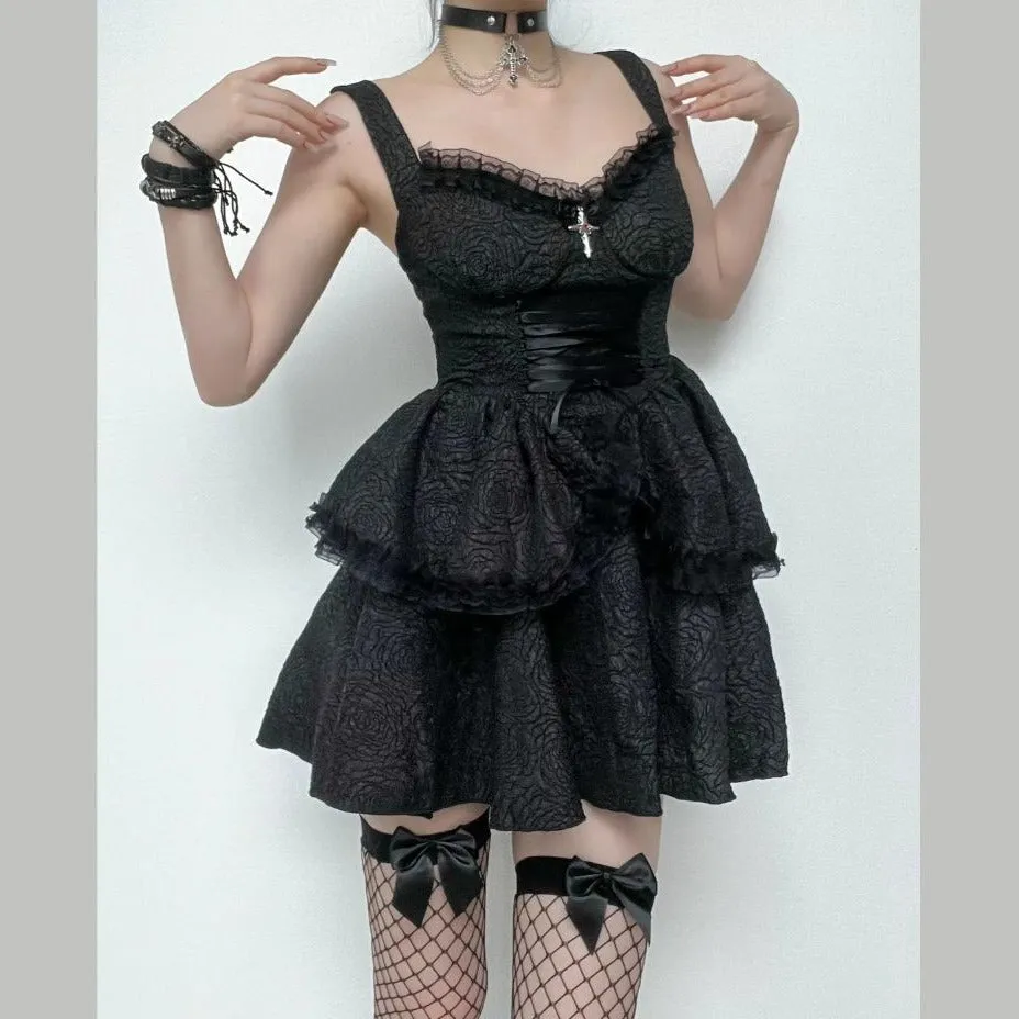 Backless lace up zip-up textured solid lace hem mini dress