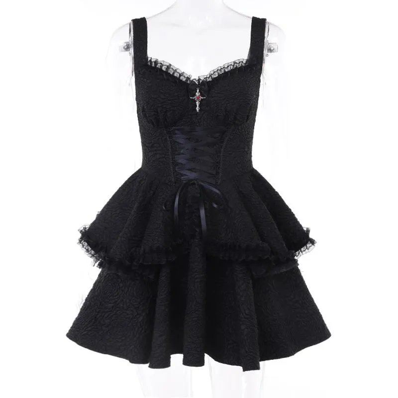 Backless lace up zip-up textured solid lace hem mini dress