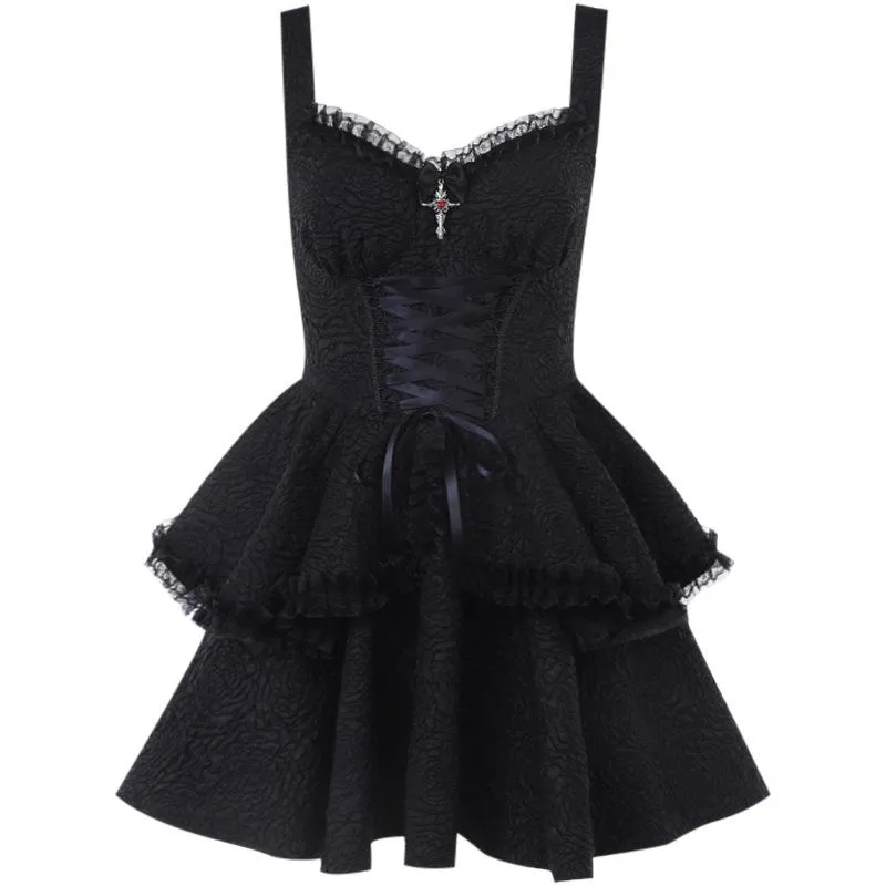 Backless lace up zip-up textured solid lace hem mini dress