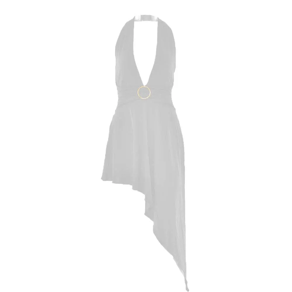 BerriesJam - Halter O Ring V Neck Backless Solid Midi Dress