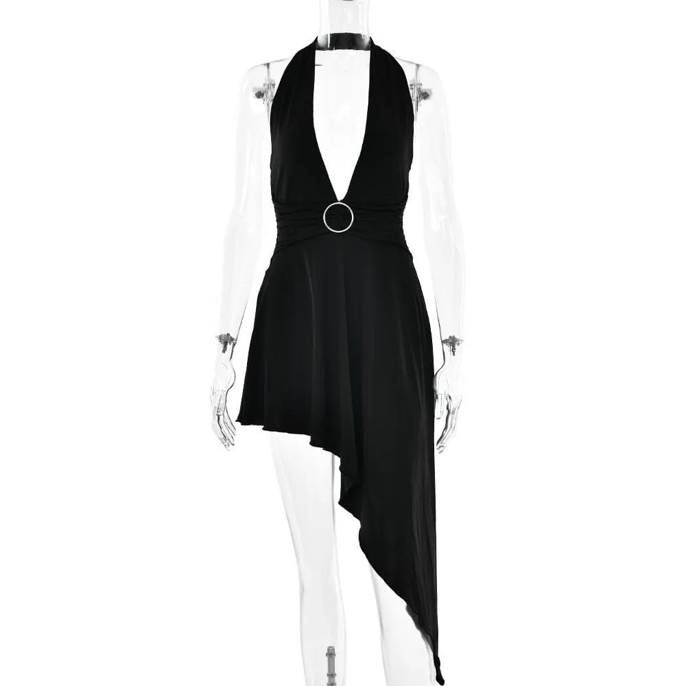 BerriesJam - Halter O Ring V Neck Backless Solid Midi Dress