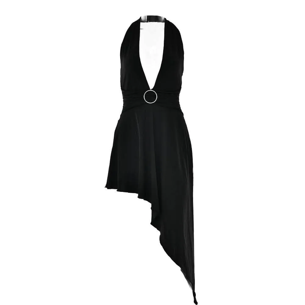 BerriesJam - Halter O Ring V Neck Backless Solid Midi Dress