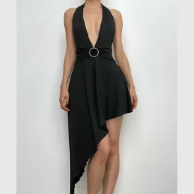 BerriesJam - Halter O Ring V Neck Backless Solid Midi Dress