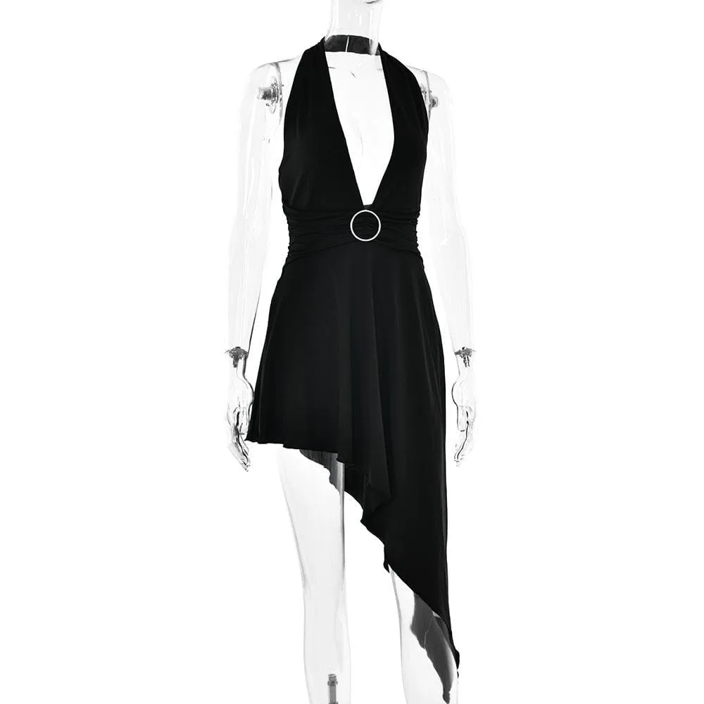 BerriesJam - Halter O Ring V Neck Backless Solid Midi Dress