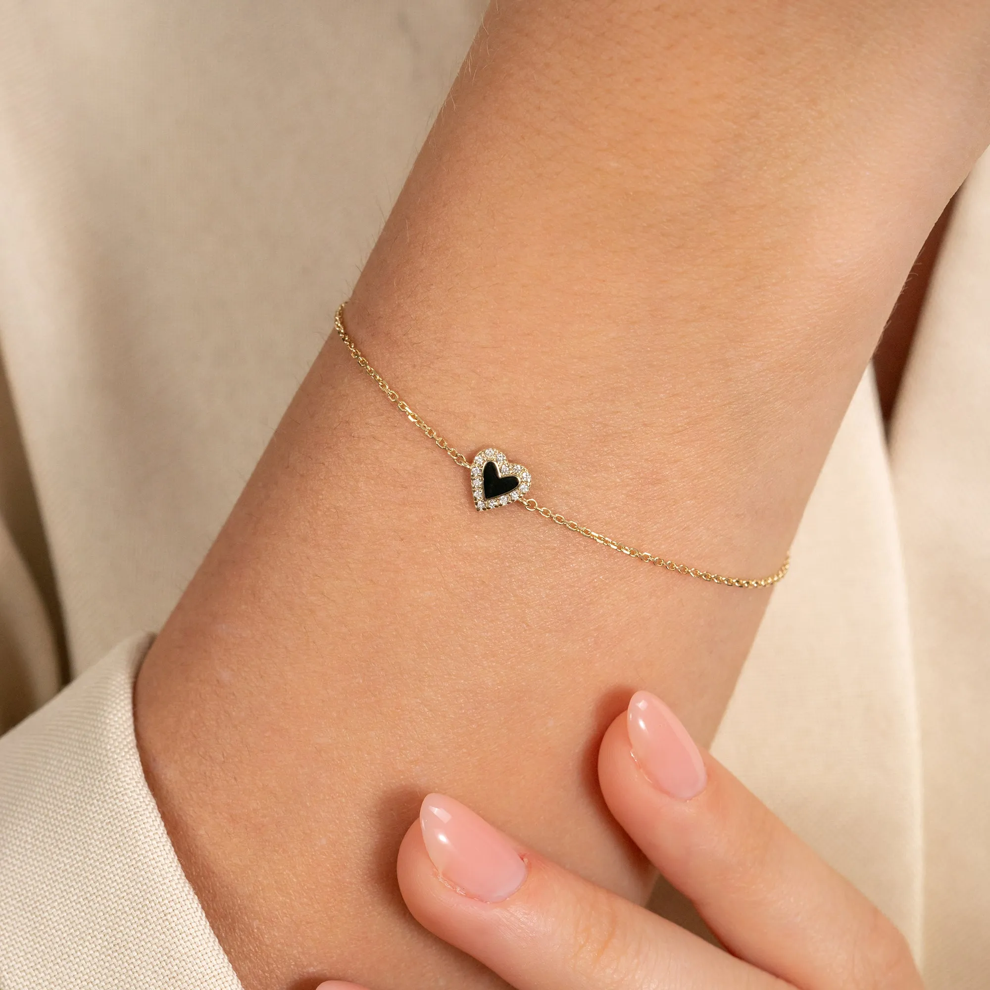 Black Enamel Heart Diamond Bracelet, Lilliana