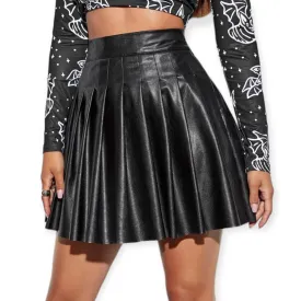 Black Leather Empire Pleated Skirt