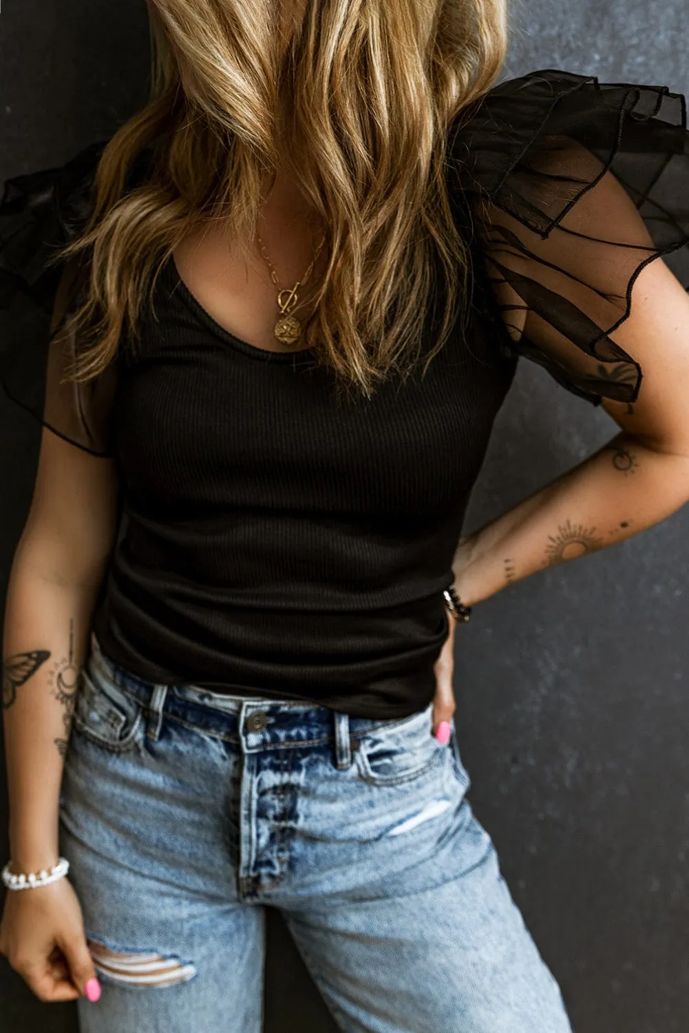 Black Short Sleeve Top with Sheer Accent