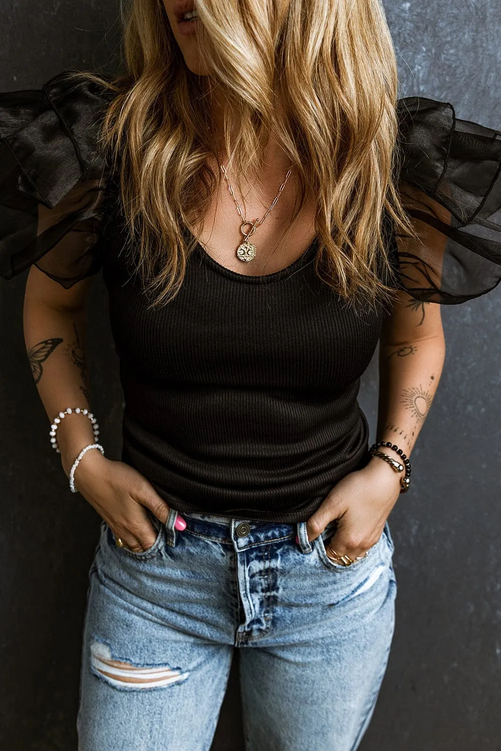 Black Short Sleeve Top with Sheer Accent