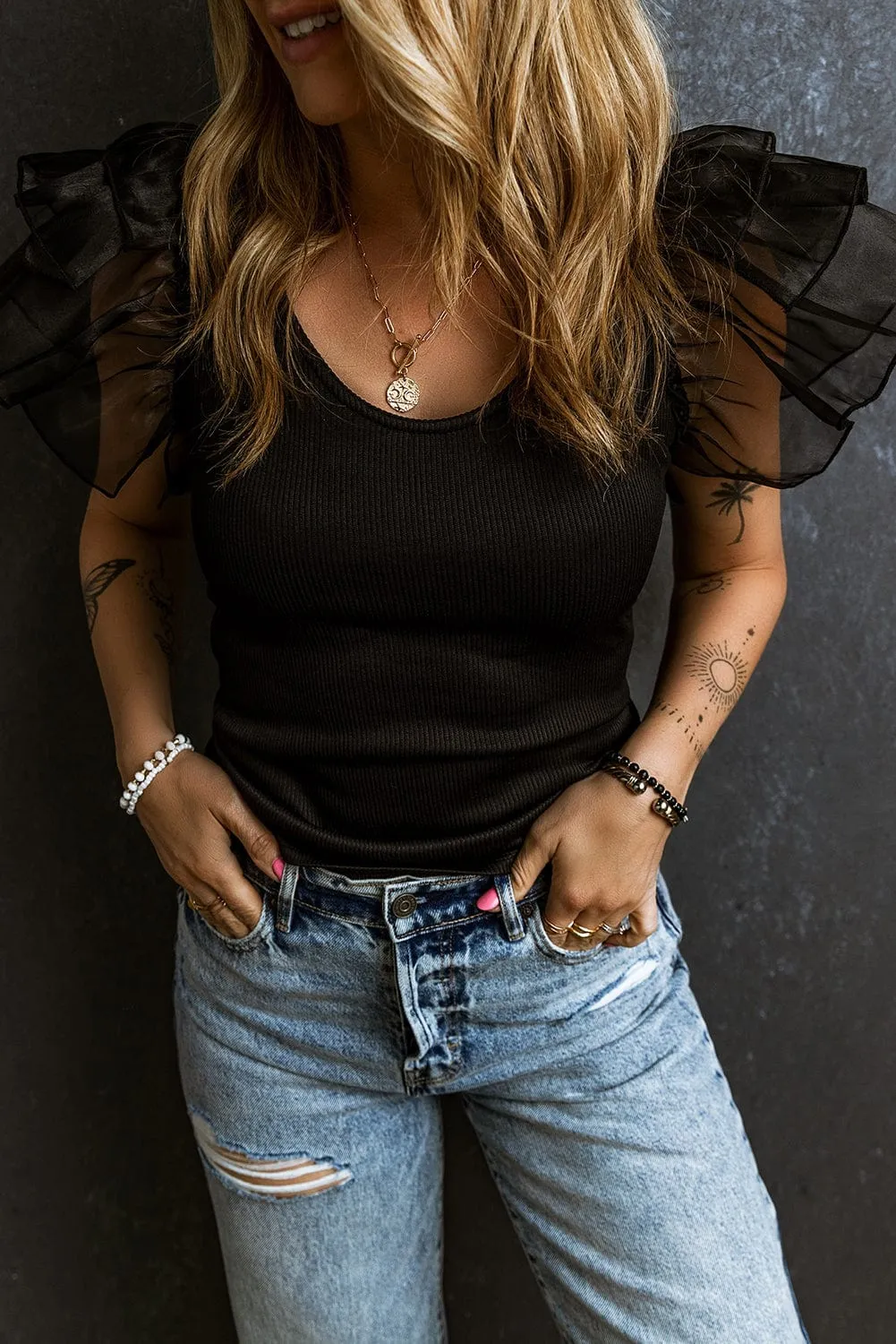 Black Short Sleeve Top with Sheer Accent