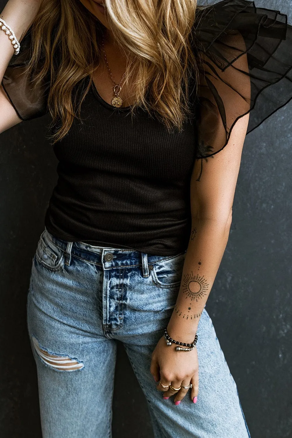 Black Short Sleeve Top with Sheer Accent
