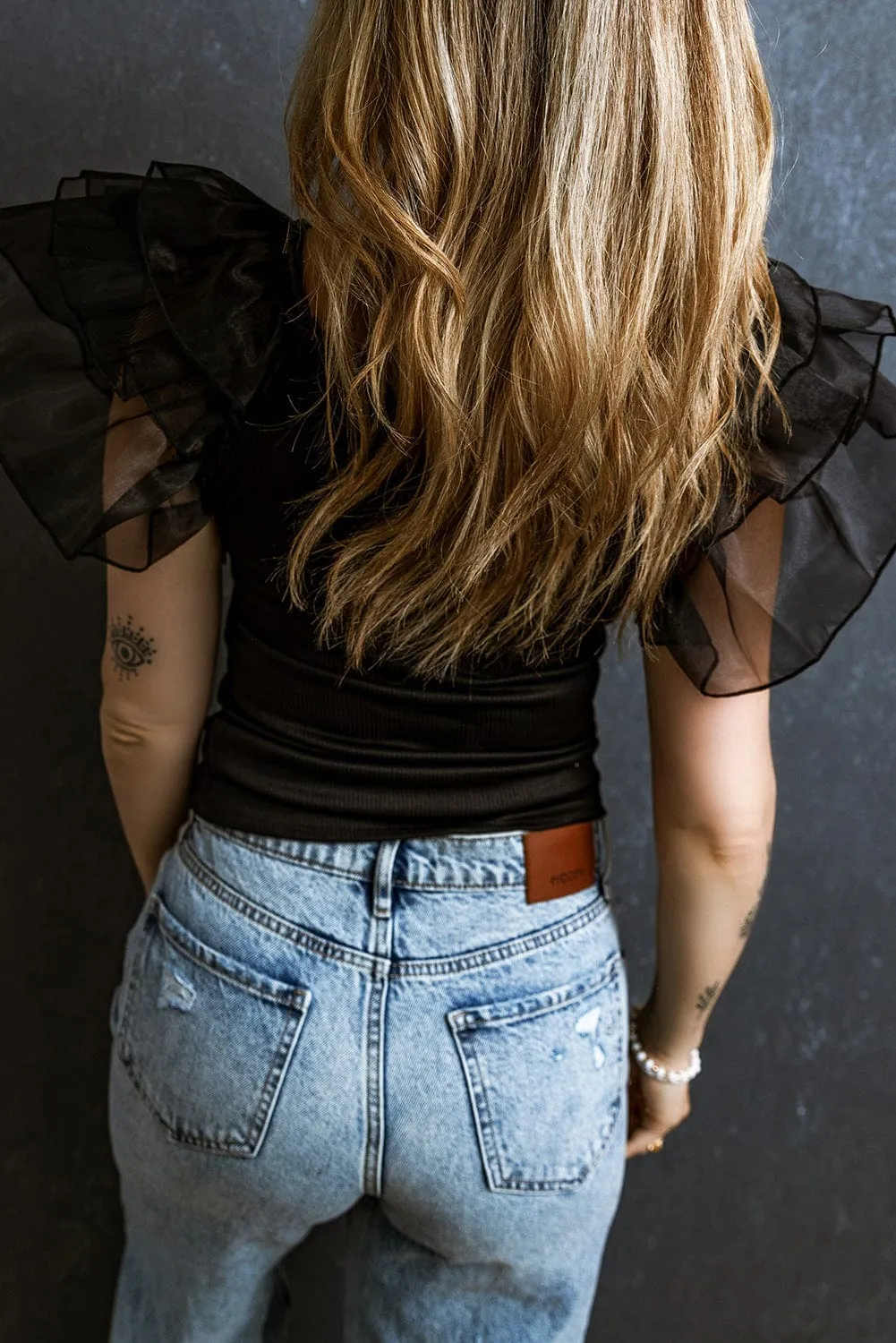 Black Short Sleeve Top with Sheer Accent
