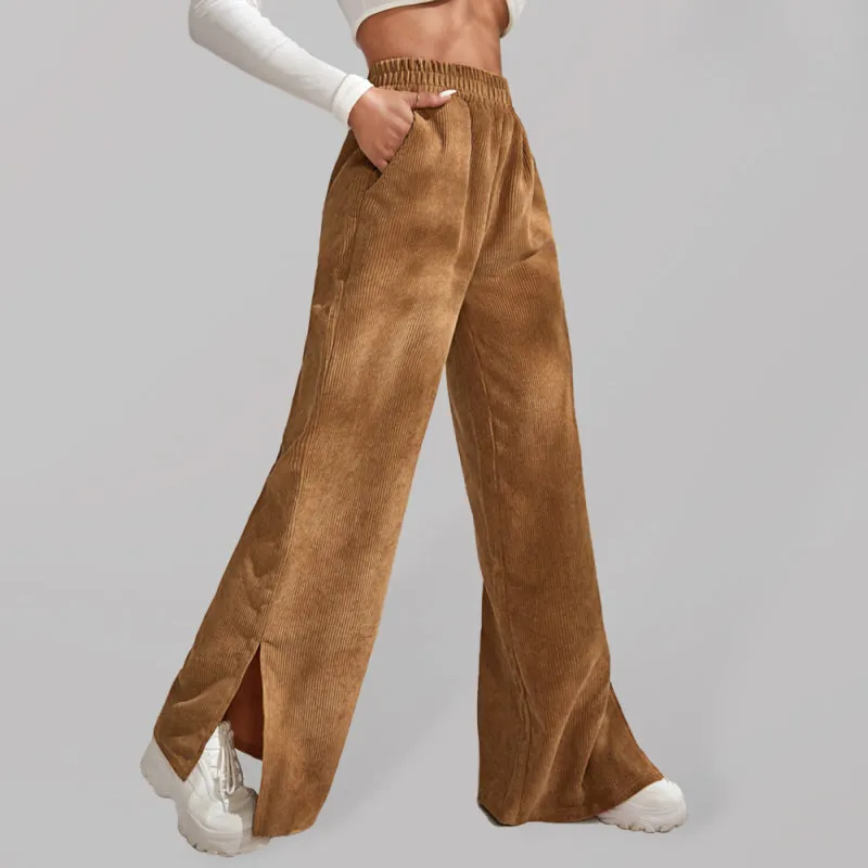 Charlotte Women's solid color corduroy paneled slit wide-leg trousers