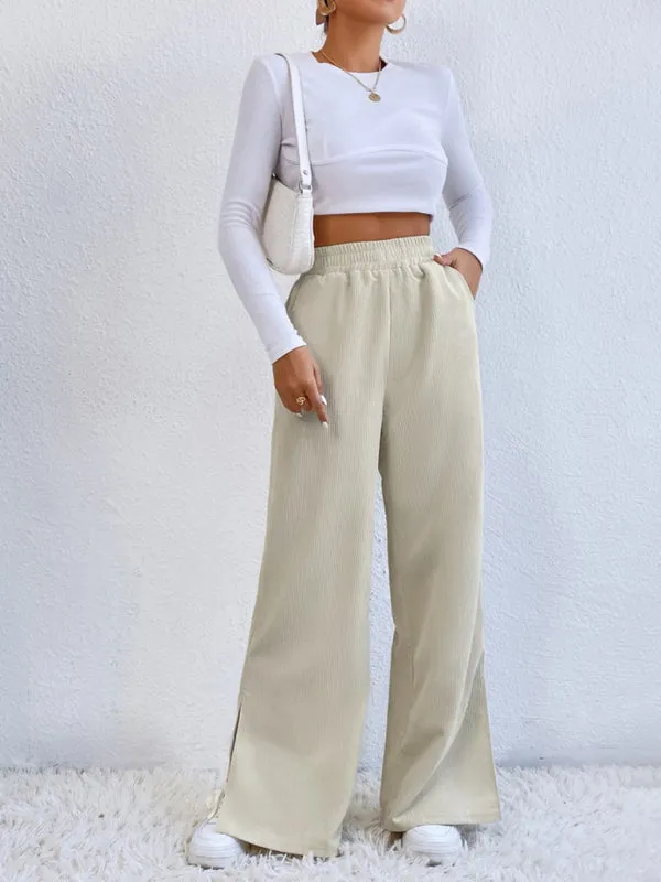 Charlotte Women's solid color corduroy paneled slit wide-leg trousers