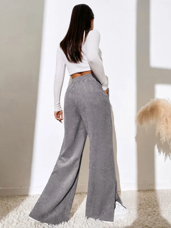Charlotte Women's solid color corduroy paneled slit wide-leg trousers