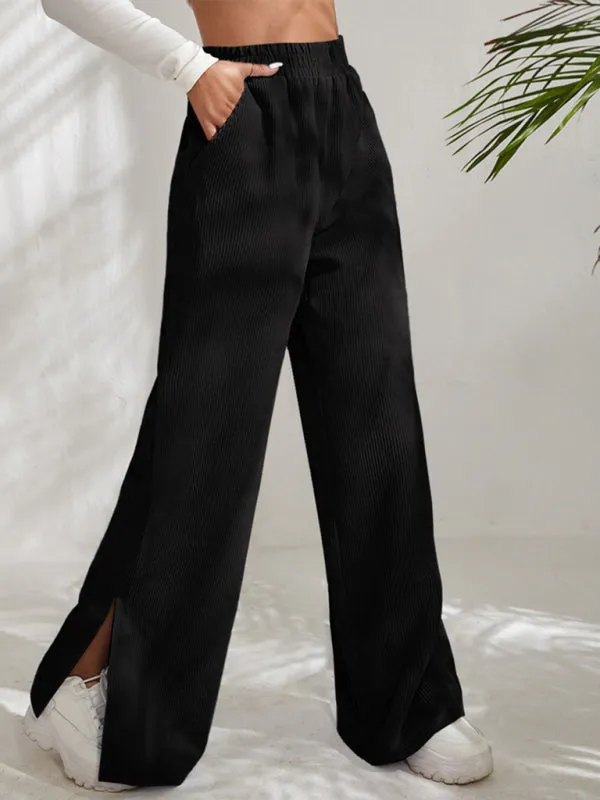Charlotte Women's solid color corduroy paneled slit wide-leg trousers