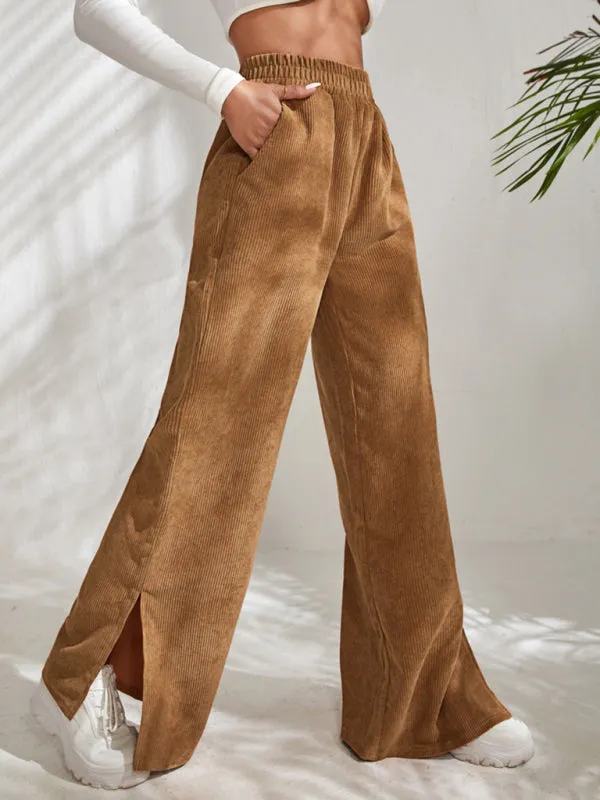 Charlotte Women's solid color corduroy paneled slit wide-leg trousers