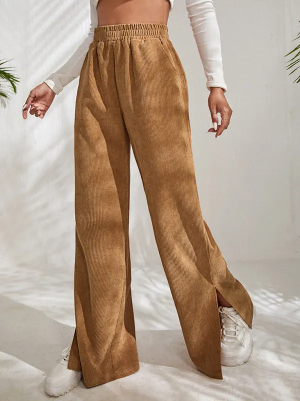 Charlotte Women's solid color corduroy paneled slit wide-leg trousers
