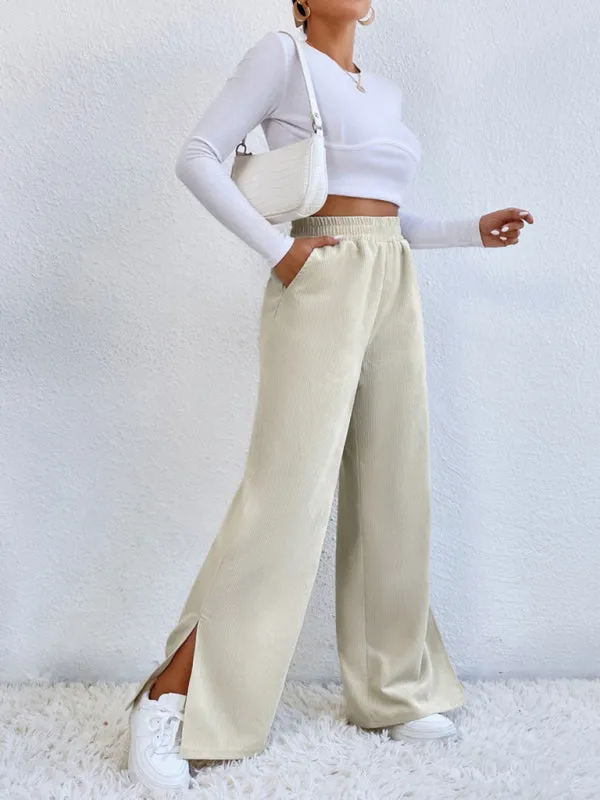 Charlotte Women's solid color corduroy paneled slit wide-leg trousers