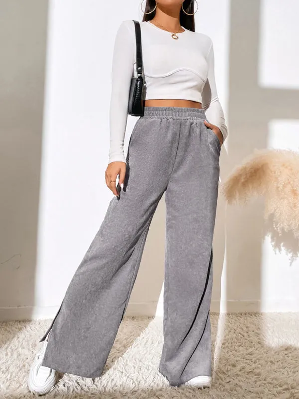 Charlotte Women's solid color corduroy paneled slit wide-leg trousers