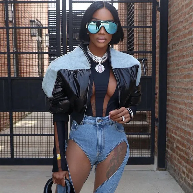 cold weather outfits Joskaa Fashion Women Shiny Black PU Leather Denim Puffer Jacket High Waist Bubble Coats Hiphop Lady Zipper Crop Puff Parkas Down Winter