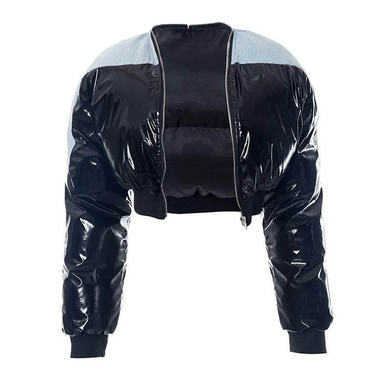 cold weather outfits Joskaa Fashion Women Shiny Black PU Leather Denim Puffer Jacket High Waist Bubble Coats Hiphop Lady Zipper Crop Puff Parkas Down Winter