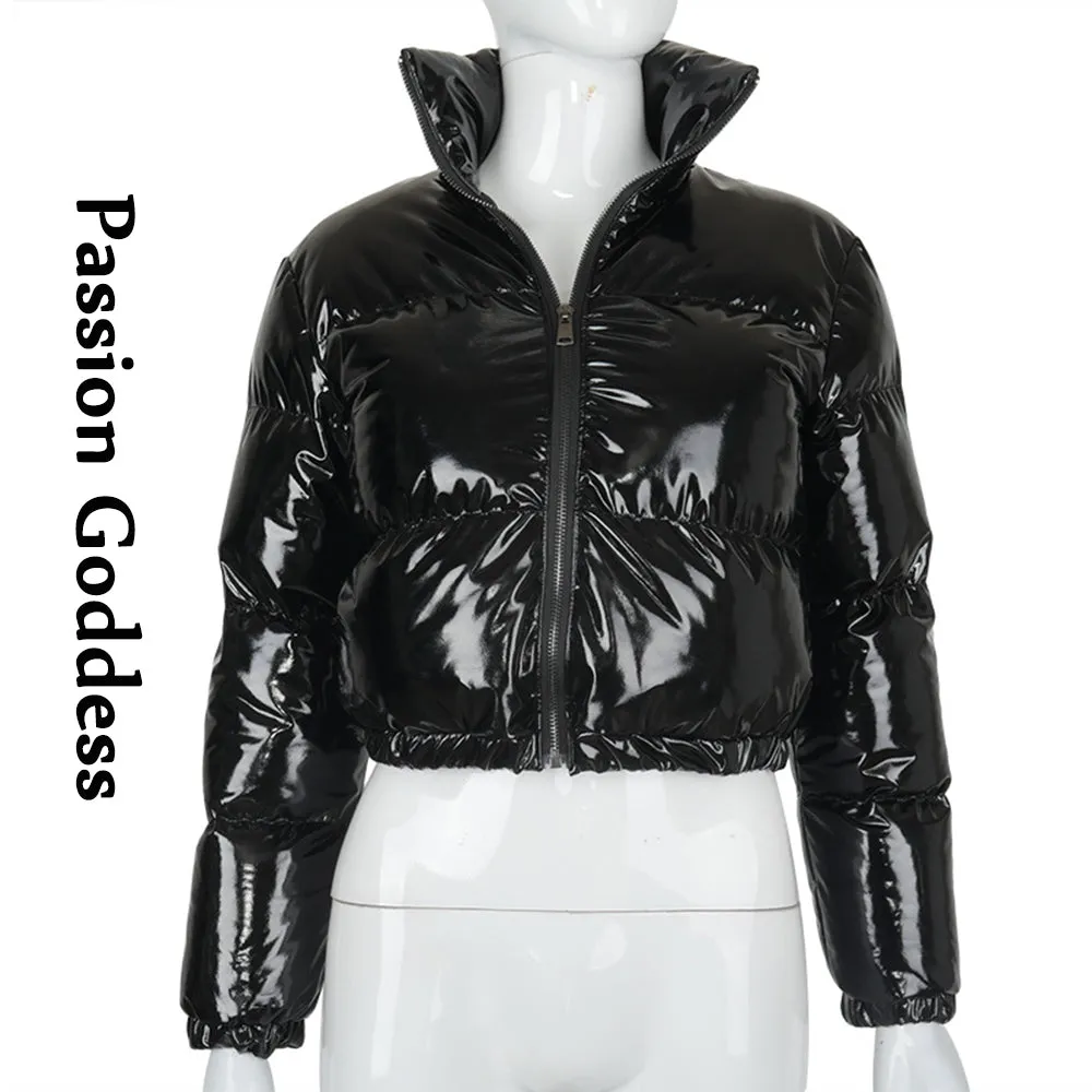 cold weather outfits Joskaa Winter Party Women Bright PU Red Puffer Jackets Warm Puffly Bubble Coats Shiny Black Leather Cropped Jackets Zipper Parkas Down