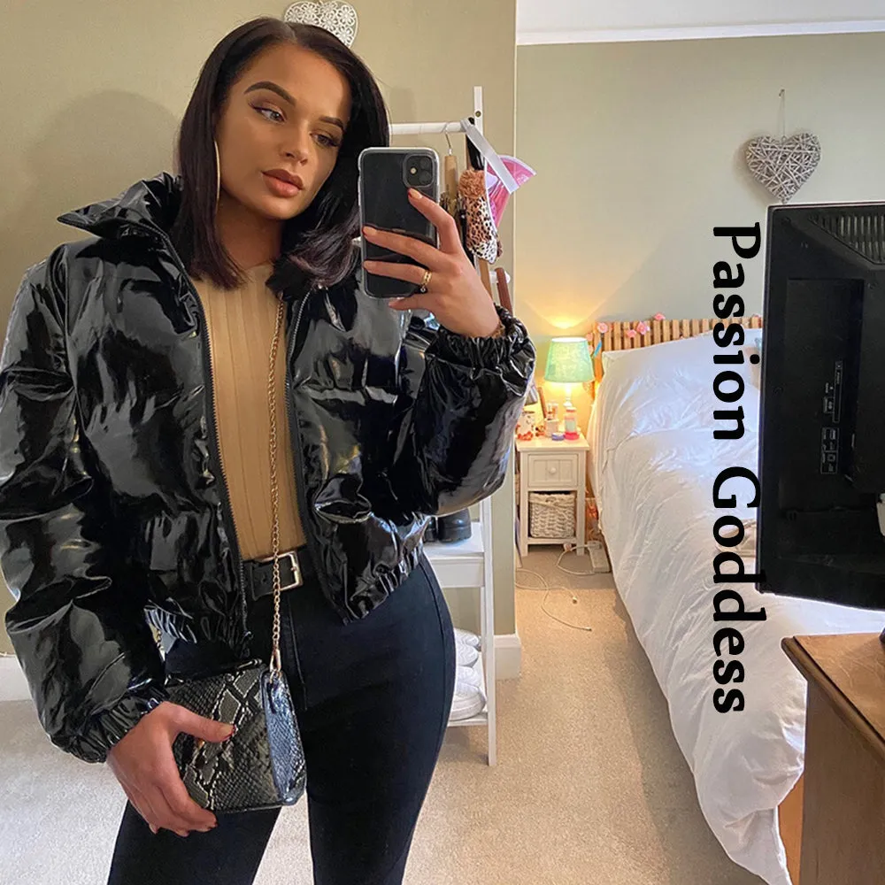 cold weather outfits Joskaa Winter Party Women Bright PU Red Puffer Jackets Warm Puffly Bubble Coats Shiny Black Leather Cropped Jackets Zipper Parkas Down
