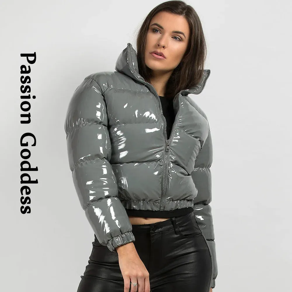 cold weather outfits Joskaa Winter Women Shiny PU Leather Puffer Jackets Thick Cropped Parkas Down Warm Bubble Coats Cute Grey Bright Leather Parka Jacket