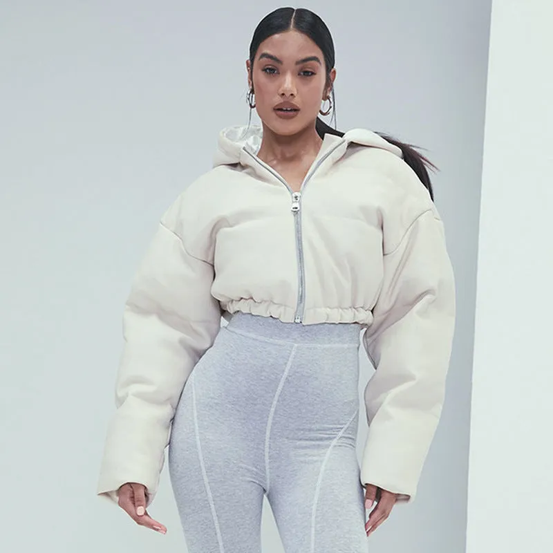 cold weather outfits Joskaa Women PU Leather Hooded Puffer Jacket Winter Thick Warm High Waist Bubble Coats Zipper Hoody Short Puff Down Jackets Overcoat