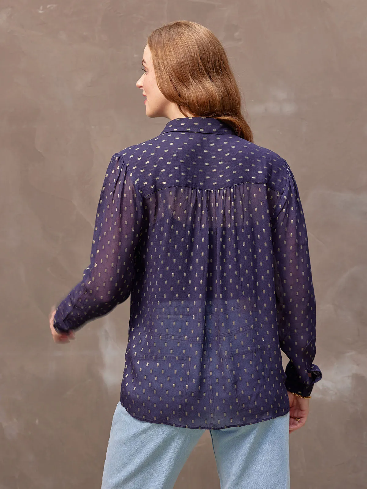 Collette - Long Sleeve Lurex Dobby Shirt - Navy and Gold